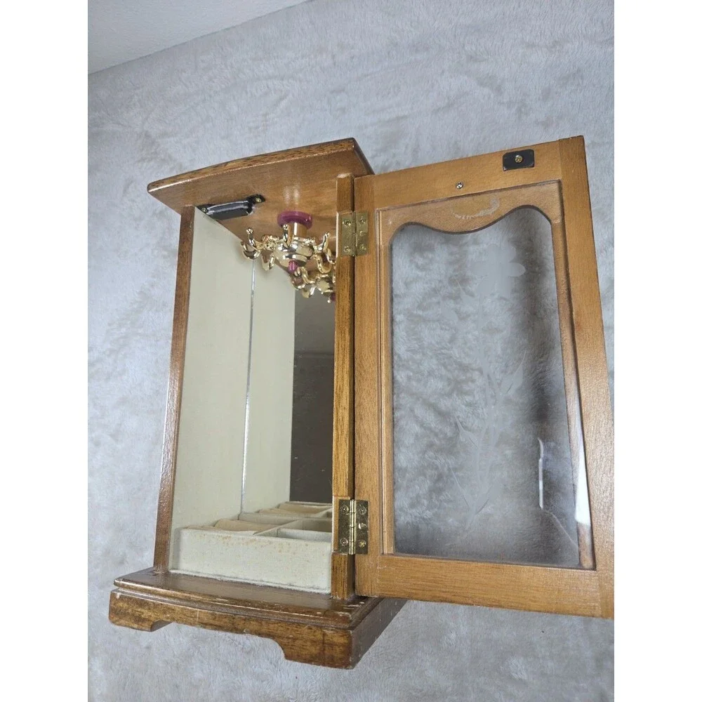 Vintage Mele  Wooden Jewelry Box Floral Glass Door Cottage Core
